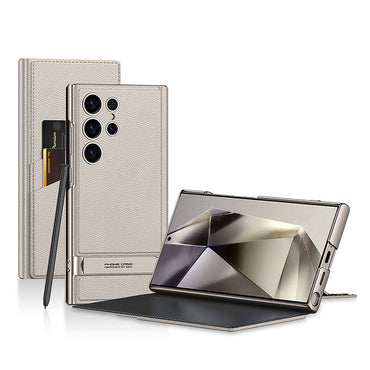 Galaxy S24 Ultra Case Camera Protection Faux Leather Design Zore Droga Stand Card Holder Cover Case Titanium-Gray