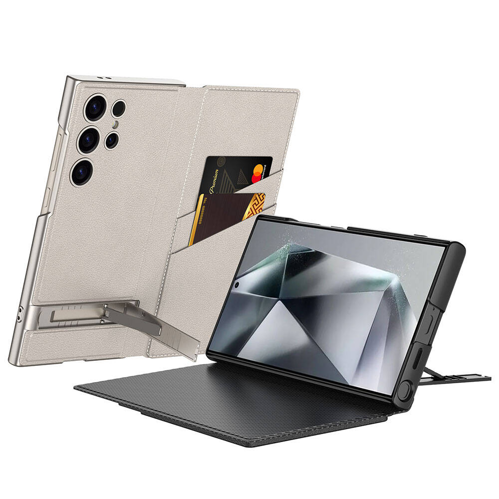Galaxy S24 Ultra Case Camera Protection Faux Leather Design Zore Droga Stand Card Holder Cover Case Titanium-Gray