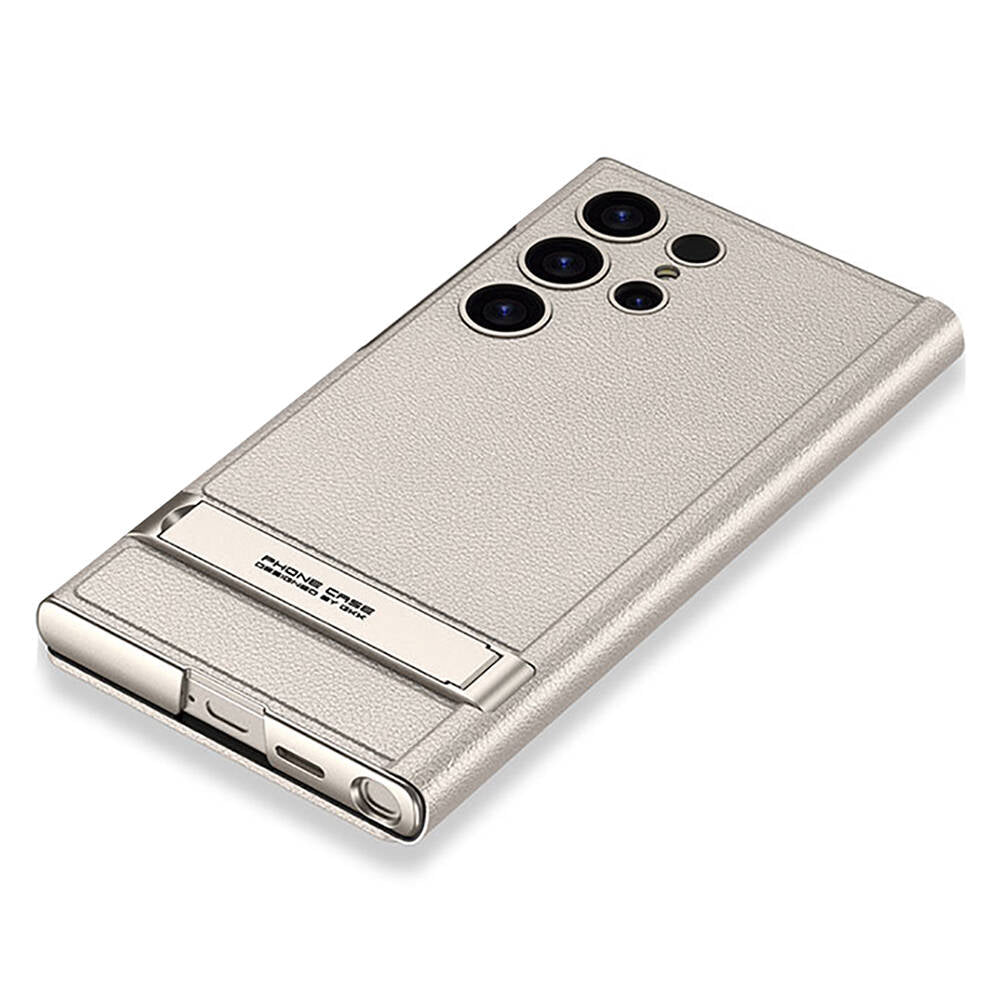 Galaxy S24 Ultra Case Camera Protection Faux Leather Design Zore Droga Stand Card Holder Cover Case Titanium-Gray