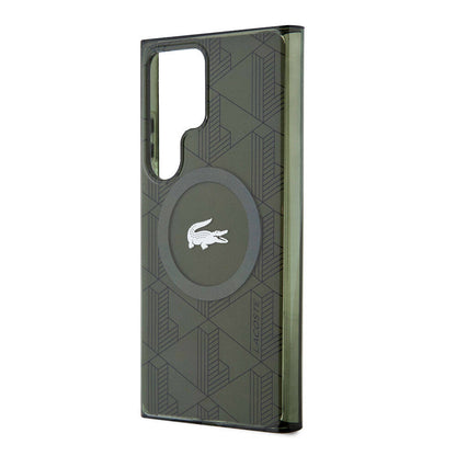 Galaxy S24 Ultra Kılıf Lacoste Orjinal Lisanslı M-safe Şarj Özellikli Çift Katmanlı Timsah Logolu Blend Monogram Kapak Haki