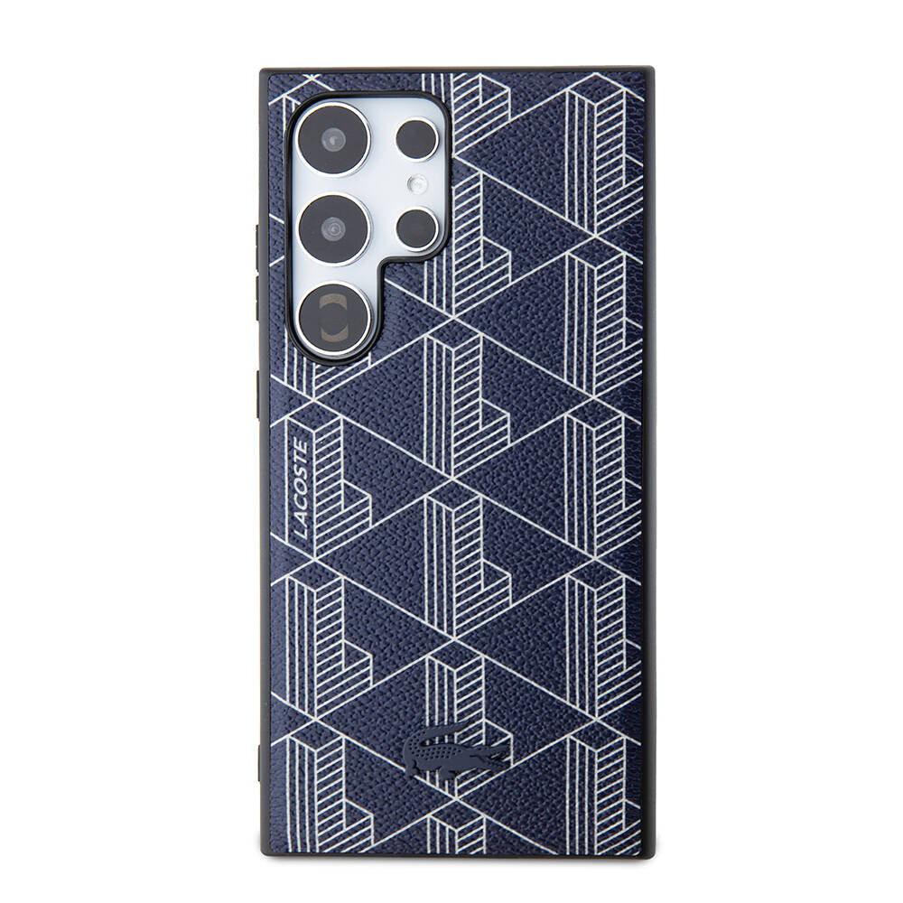 Galaxy S24 Ultra Kılıf Lacoste Orjinal Lisanslı M-safe Şarj Özellikli PU Deri Görünümlü Karışık Monogram Desenli Kapak Siyah