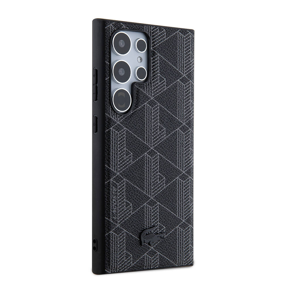 Galaxy S24 Ultra Kılıf Lacoste Orjinal Lisanslı M-safe Şarj Özellikli PU Deri Görünümlü Karışık Monogram Desenli Kapak Siyah