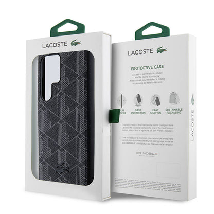 Galaxy S24 Ultra Kılıf Lacoste Orjinal Lisanslı M-safe Şarj Özellikli PU Deri Görünümlü Karışık Monogram Desenli Kapak Lacivert