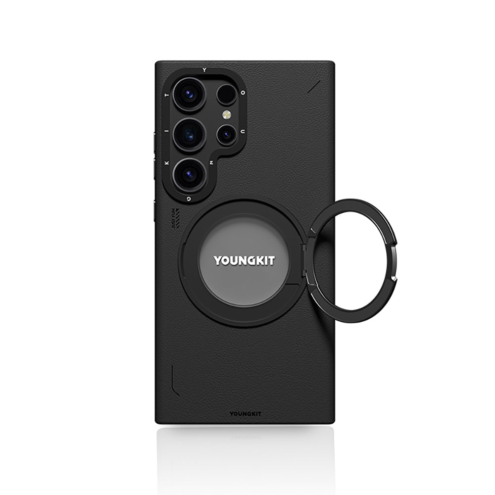 Galaxy S24 Ultra Kılıf M-safe Şarj Özellikli 360° Standlı Basit Mat Deri Desenli Youngkit Tech Leather Serisi Kapak Gri