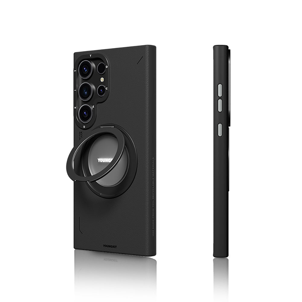 Galaxy S24 Ultra Kılıf M-safe Şarj Özellikli 360° Standlı Basit Mat Deri Desenli Youngkit Tech Leather Serisi Kapak Siyah