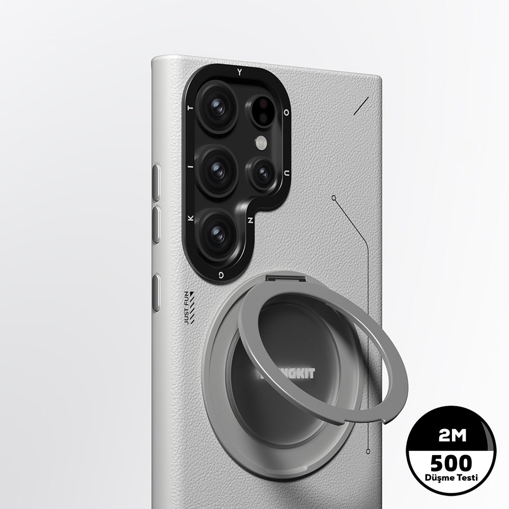 Galaxy S24 Ultra Kılıf M-safe Şarj Özellikli 360° Standlı Basit Mat Deri Desenli Youngkit Tech Leather Serisi Kapak Gri