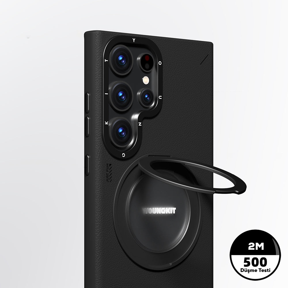 Galaxy S24 Ultra Kılıf M-safe Şarj Özellikli 360° Standlı Basit Mat Deri Desenli Youngkit Tech Leather Serisi Kapak Gri