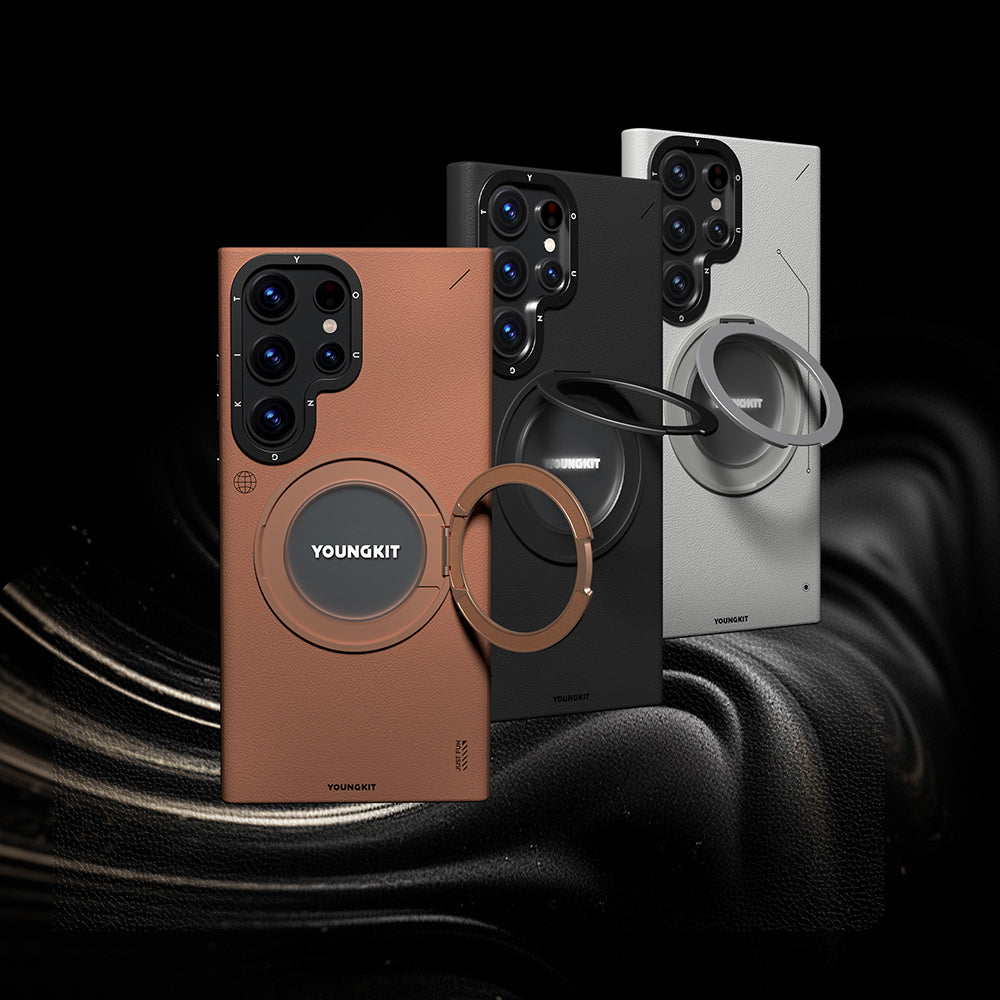 Galaxy S24 Ultra Kılıf M-safe Şarj Özellikli 360° Standlı Basit Mat Deri Desenli Youngkit Tech Leather Serisi Kapak Gri