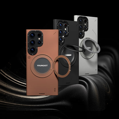 Galaxy S24 Ultra Kılıf M-safe Şarj Özellikli 360° Standlı Basit Mat Deri Desenli Youngkit Tech Leather Serisi Kapak Kahverengi