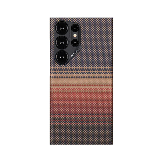 Galaxy S24 Ultra Kılıf M-safe Şarj Özellikli Aramid Fiber Pitaka Tactile Woven Sunset-Moonrise Serisi Sunset Kapak Kahverengi