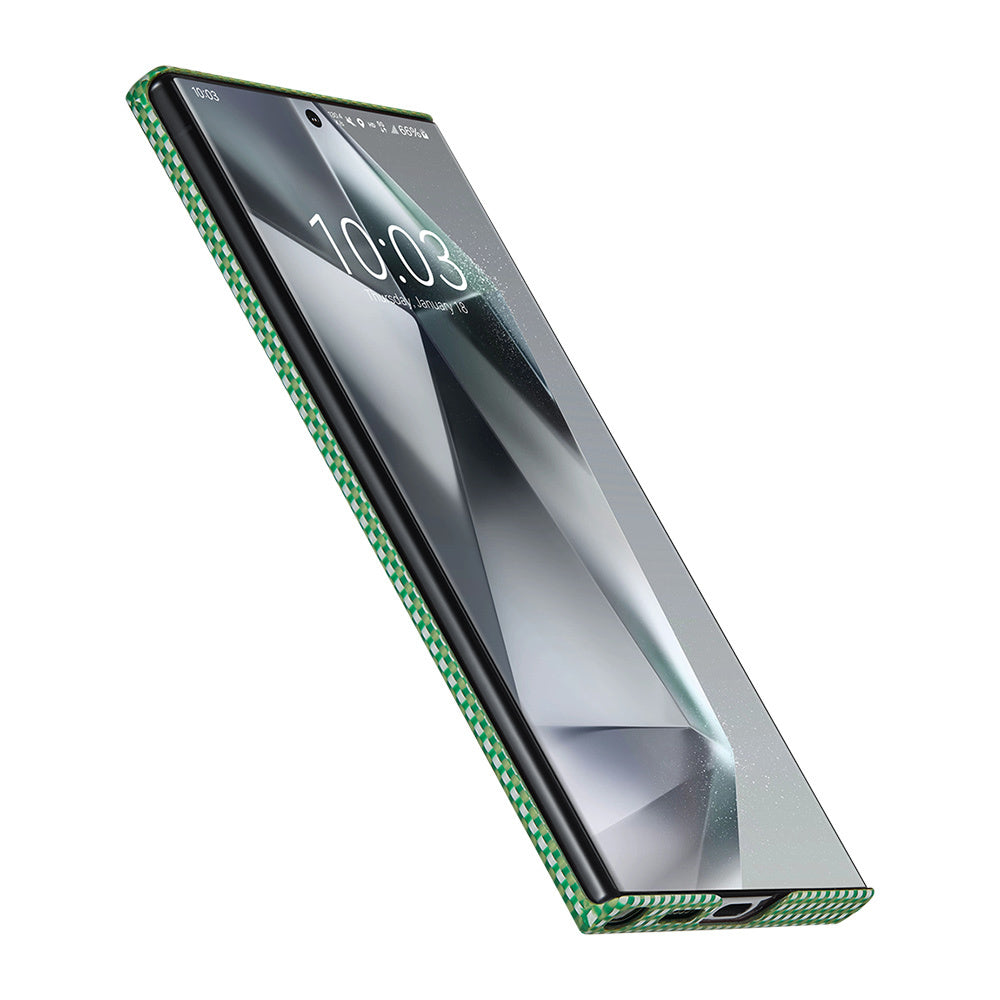 Galaxy S24 Ultra Kılıf M-safe Şarj Özellikli 1500D Aramid Fiber Pitaka Ultra-Slim Classic Serisi Aomori Kapak Yeşil