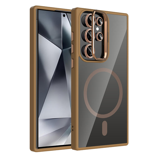 Galaxy S24 Ultra Kılıf Standlı ve Kamera Lens Hediyeli M-Safe Şarj Özellikli Zore Etro Kapak Desert Titanyum