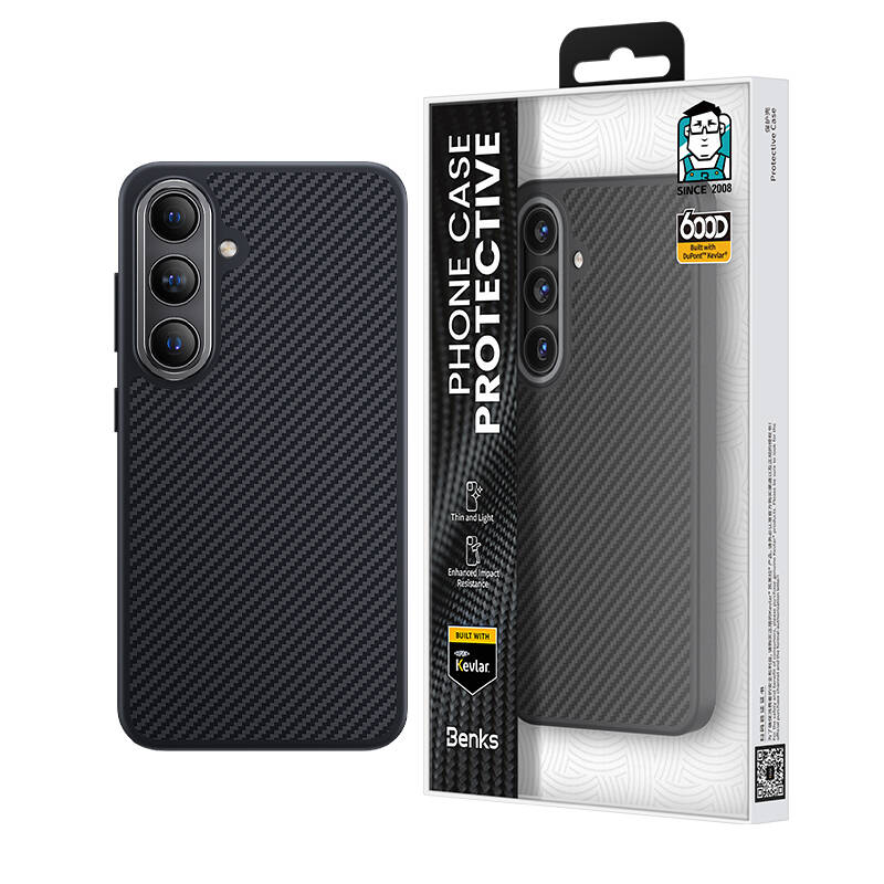 Galaxy S25 Plus Kılıf Karbon Fiber M-safe Şarj Özellikli Benks Hybrid ArmorPro 600D Kevlar Kapak Siyah