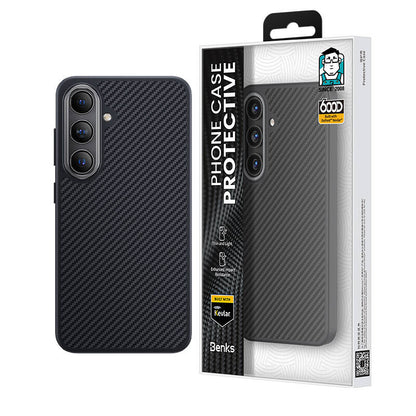 Galaxy S25 Plus Kılıf Karbon Fiber M-safe Şarj Özellikli Benks Hybrid ArmorPro 600D Kevlar Kapak Siyah
