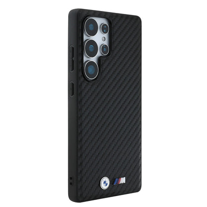 Galaxy S25 Ultra Kılıf BMW Orjinal Lisanslı M-safe Şarj Özellikli Karbon Fiber Tasarımlı ve Metal Logolu PU Deri Kapak Siyah