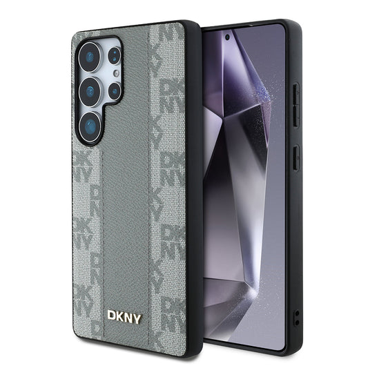 Galaxy S25 Ultra Kılıf DKNY Orjinal Lisanslı M-safe Şarj Özellikli 3D Yazılı Checkered Pattern Kapak Bej
