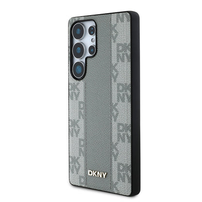 Galaxy S25 Ultra Kılıf DKNY Orjinal Lisanslı M-safe Şarj Özellikli 3D Yazılı Checkered Pattern Kapak Bej