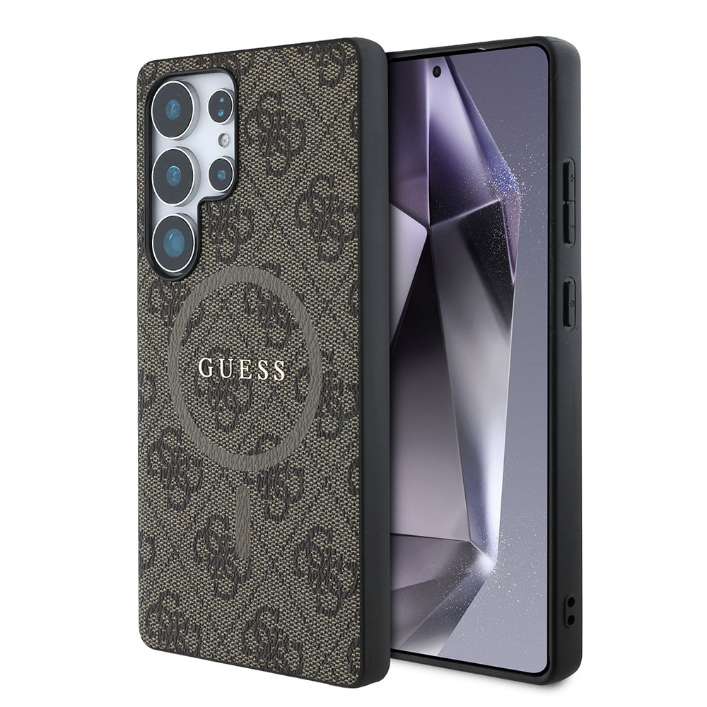 Galaxy S25 Ultra Case Guess Original Licensed M-safe Charging Feature PU Ring 4G Patterned Text Logo Cover Black
