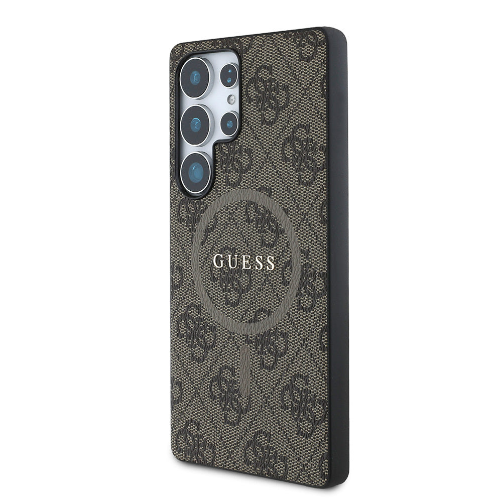Galaxy S25 Ultra Case Guess Original Licensed M-safe Charging Feature PU Ring 4G Patterned Text Logo Cover Brown