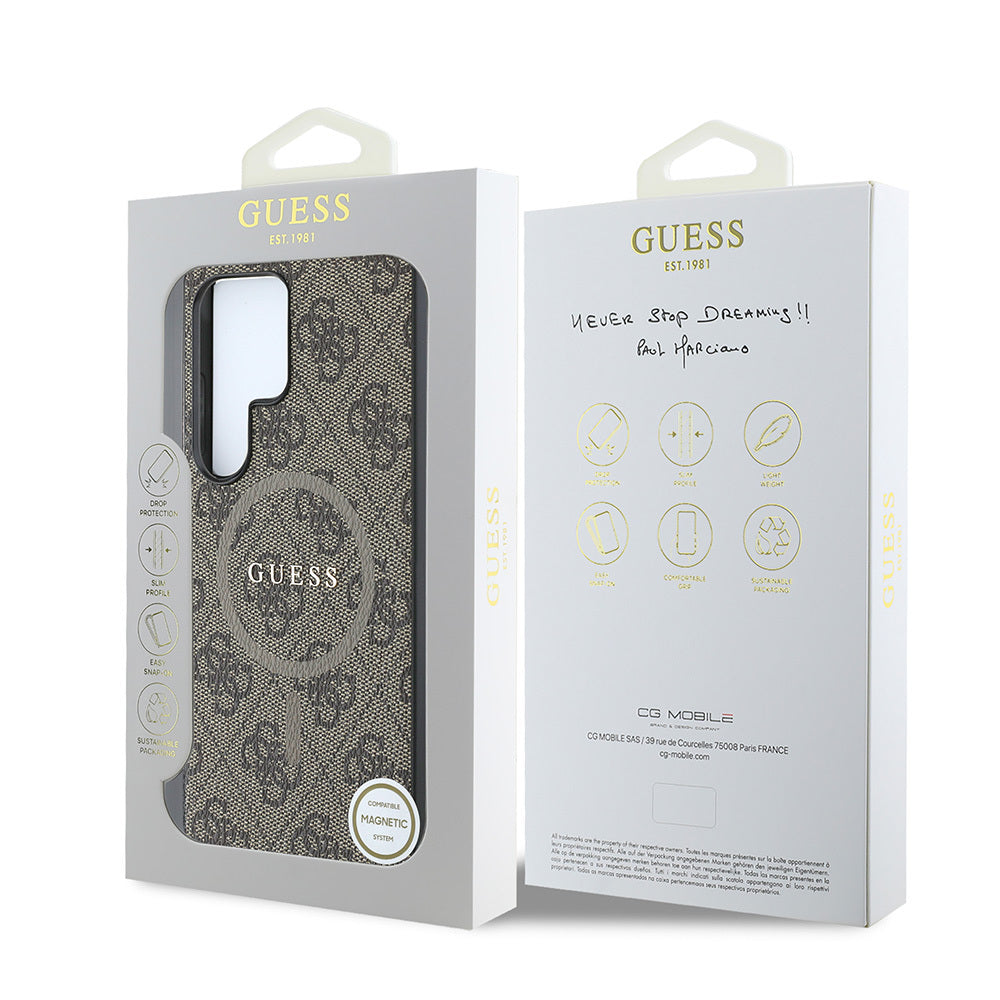Galaxy S25 Ultra Case Guess Original Licensed M-safe Charging Feature PU Ring 4G Patterned Text Logo Cover Black