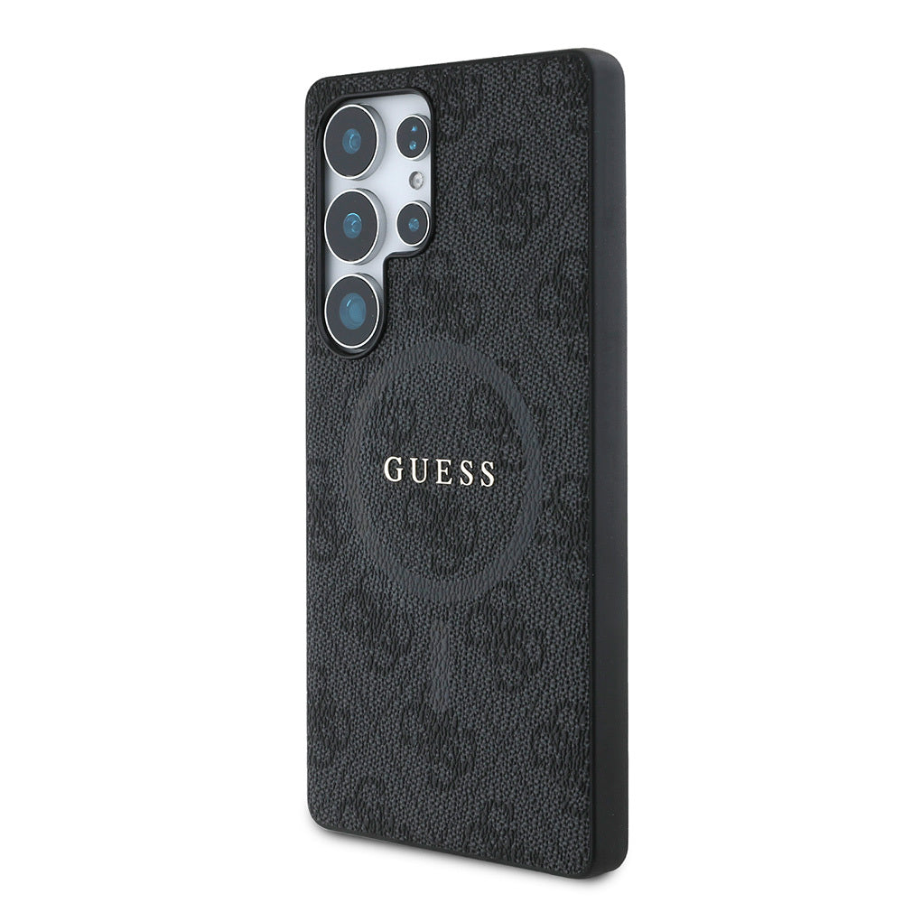 Galaxy S25 Ultra Case Guess Original Licensed M-safe Charging Feature PU Ring 4G Patterned Text Logo Cover Black