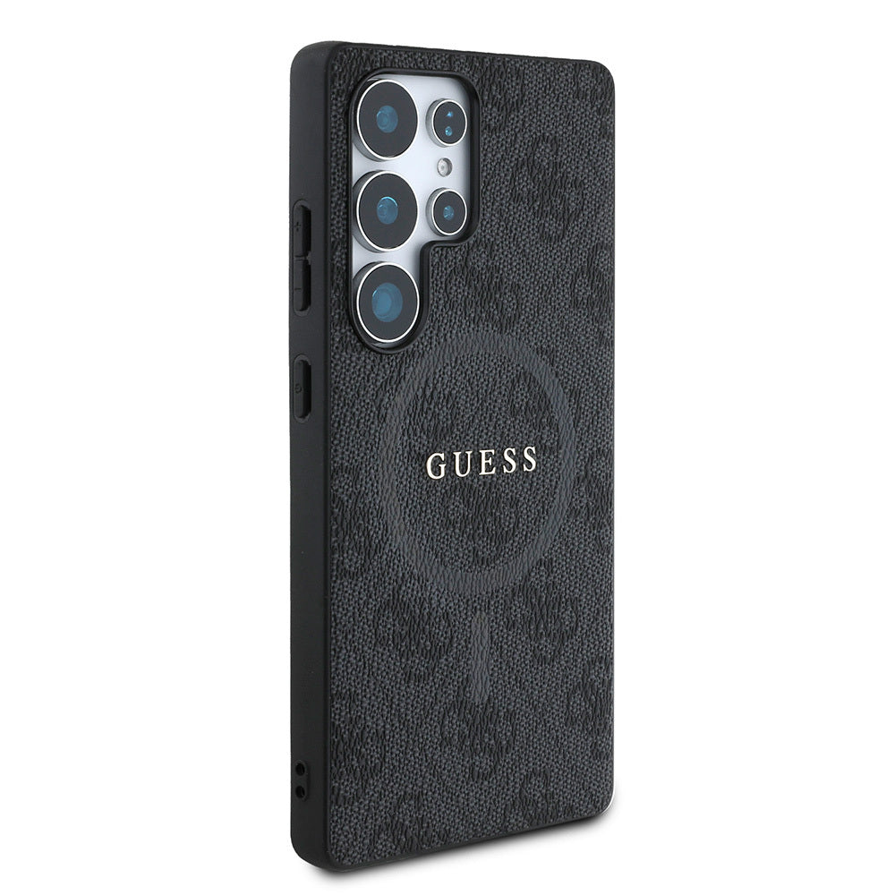 Galaxy S25 Ultra Case Guess Original Licensed M-safe Charging Feature PU Ring 4G Patterned Text Logo Cover Black