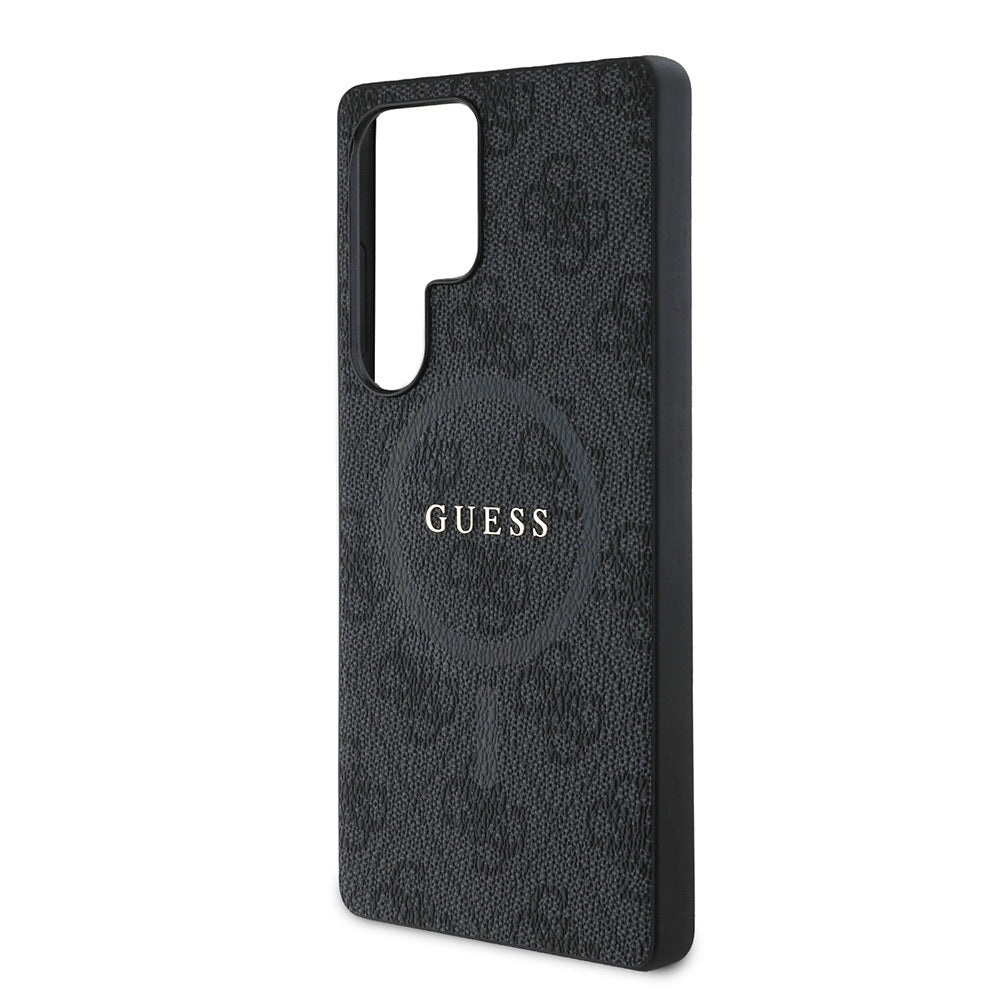 Galaxy S25 Ultra Case Guess Original Licensed M-safe Charging Feature PU Ring 4G Patterned Text Logo Cover Black