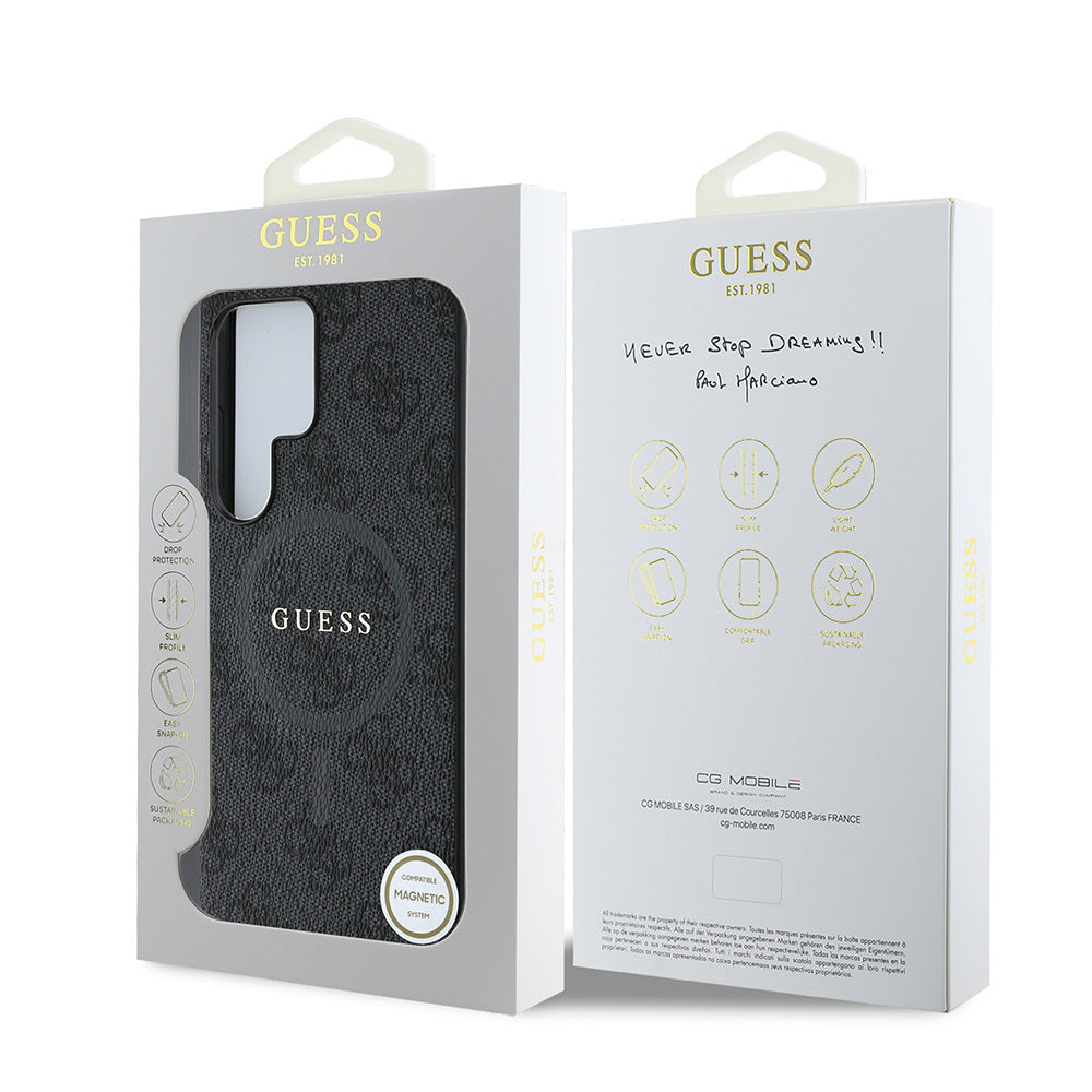 Galaxy S25 Ultra Case Guess Original Licensed M-safe Charging Feature PU Ring 4G Patterned Text Logo Cover Black