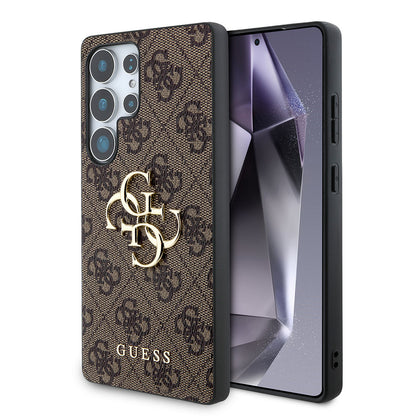 Galaxy S25 Ultra Kılıf Guess Orjinal Lisanslı PU Deri 4G Desenli Metal Büyük 4G ve Yazı Logolu Kapak Kahverengi