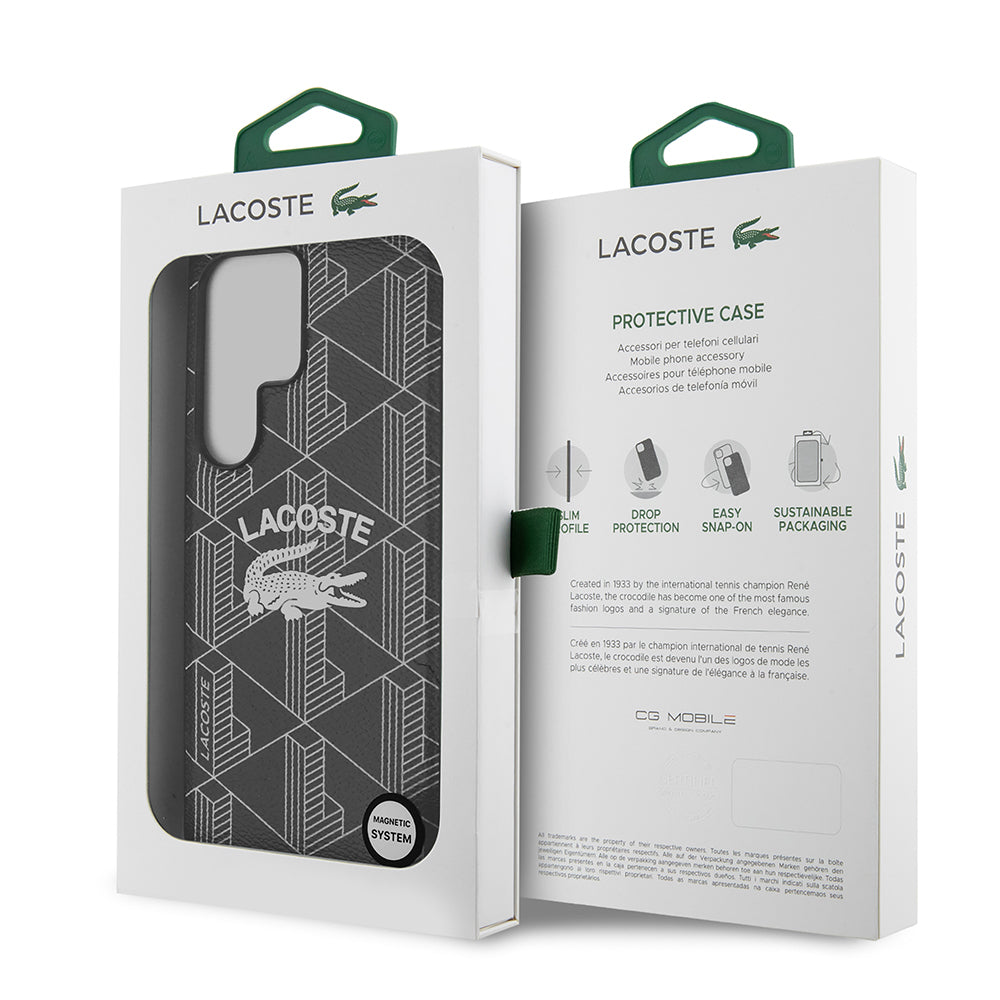 Galaxy S25 Ultra Kılıf Lacoste Orjinal Lisanslı M-safe Şarj Özellikli Mono Vintage Logo Kapak Siyah
