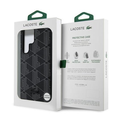 Galaxy S25 Ultra Kılıf Lacoste Orjinal Lisanslı M-safe Şarj Özellikli PU Deri Görünümlü Karışık Monogram Desenli Kapak Siyah