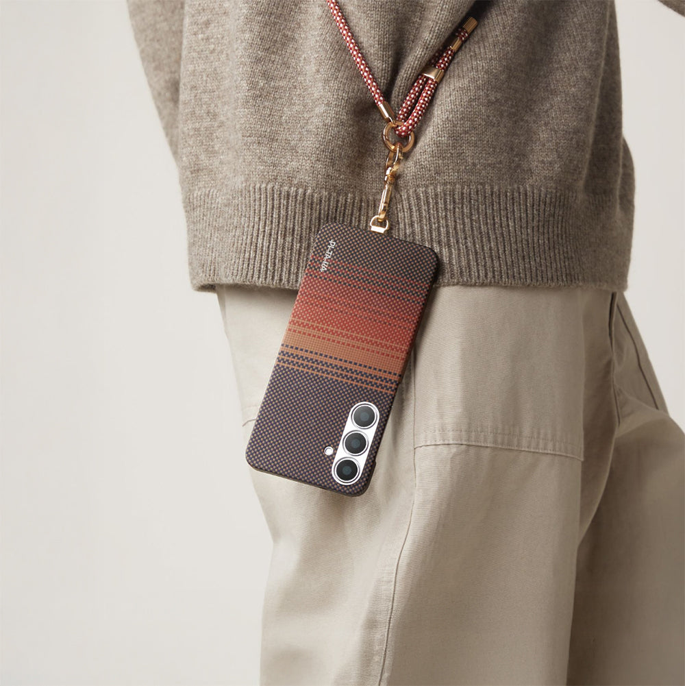 Galaxy S25 Ultra Kılıf M-safe Şarj Özellikli Aramid Fiber Pitaka Tactile Woven Sunset-Moonrise Serisi Kapak Kahverengi