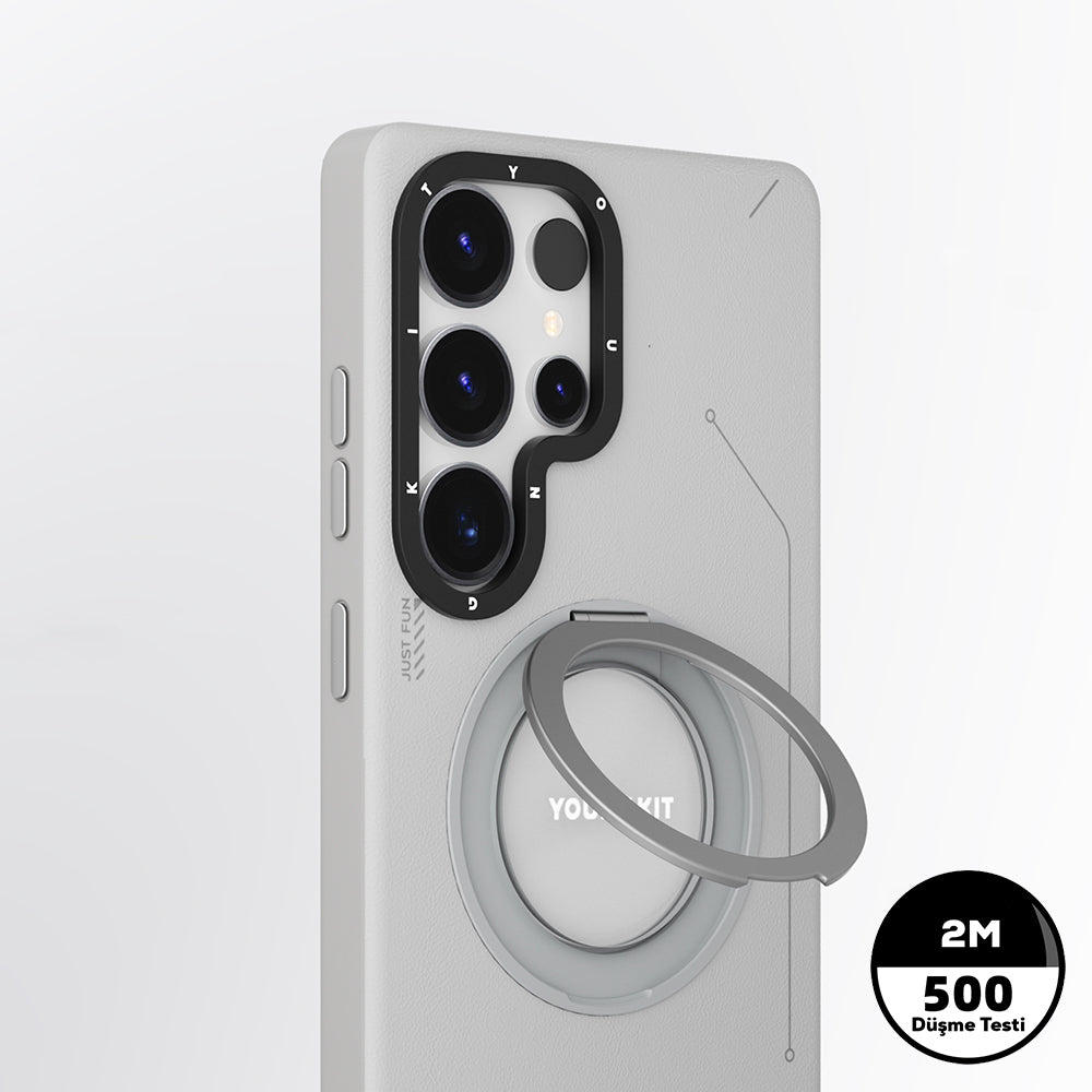 Galaxy S25 Ultra Kılıf M-safe Şarj Özellikli 360° Standlı Basit Mat Deri Desenli Youngkit Tech Leather Serisi Kapak Siyah