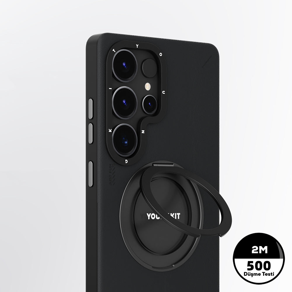 Galaxy S25 Ultra Kılıf M-safe Şarj Özellikli 360° Standlı Basit Mat Deri Desenli Youngkit Tech Leather Serisi Kapak Siyah