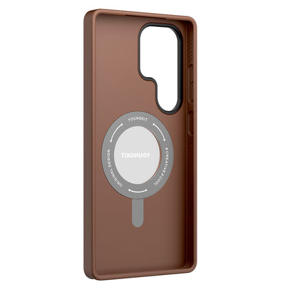 Galaxy S25 Ultra Kılıf M-safe Şarj Özellikli 360° Standlı Basit Mat Deri Desenli Youngkit Tech Leather Serisi Kapak Siyah