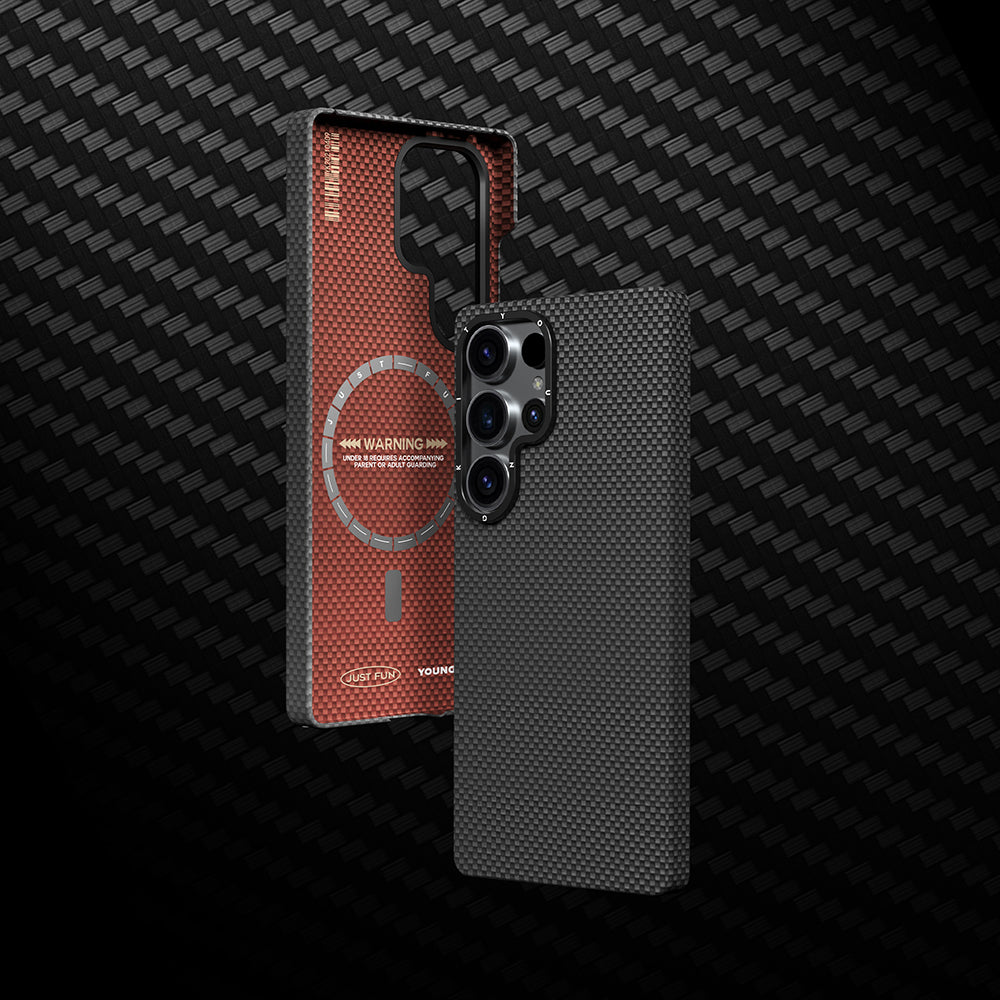 Galaxy S25 Ultra Kılıf M-safe Şarj Özellikli Aramid Fiber Youngkit 1500D Kevlar Extreme Wing Serisi Kapak Siyah