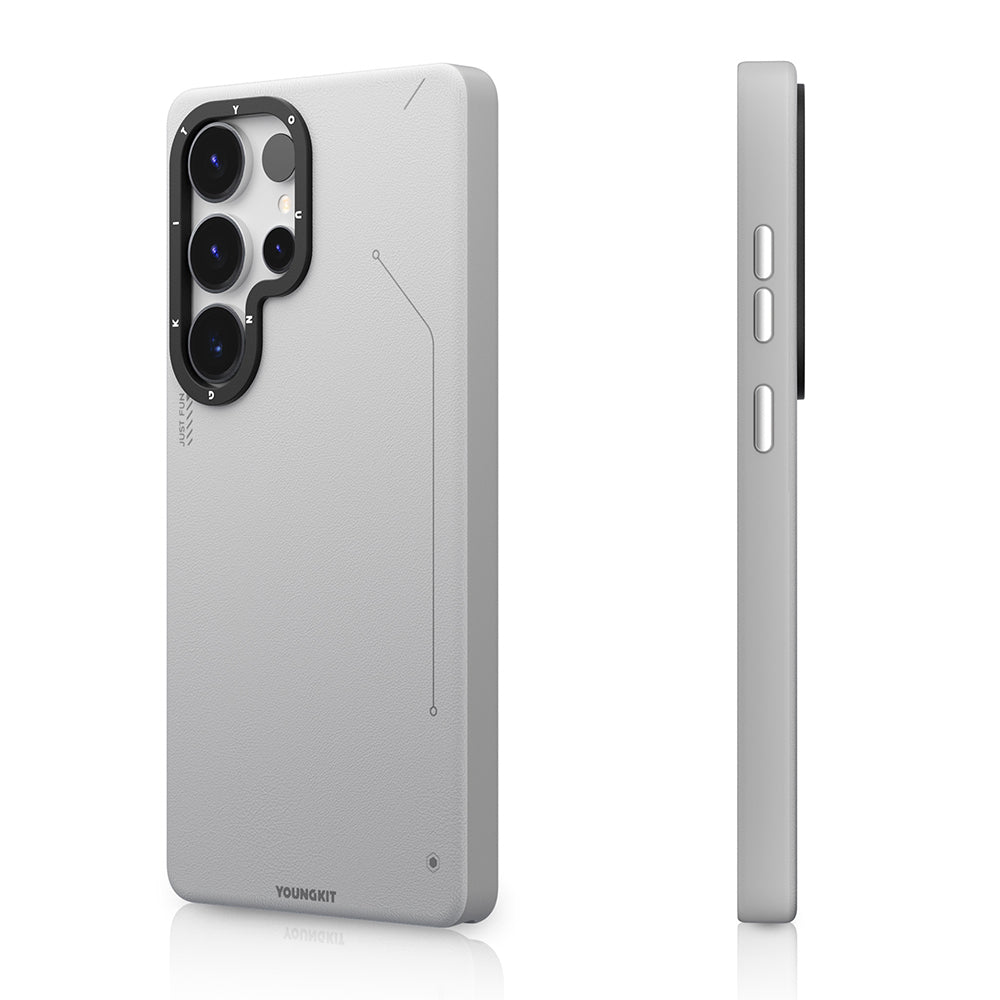 Galaxy S25 Ultra Kılıf M-safe Şarj Özellikli Basit Mat Deri Desenli Youngkit Tech Fashion Serisi Kapak Gümüş
