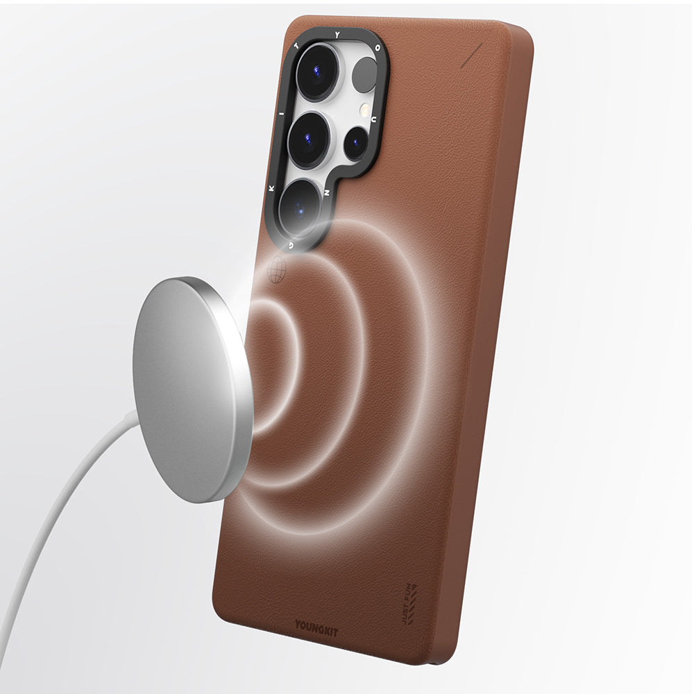 Galaxy S25 Ultra Kılıf M-safe Şarj Özellikli Basit Mat Deri Desenli Youngkit Tech Fashion Serisi Kapak Kahverengi