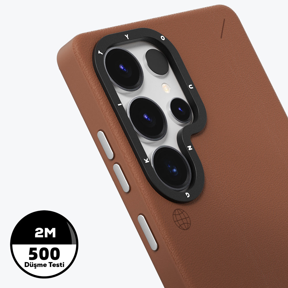 Galaxy S25 Ultra Kılıf M-safe Şarj Özellikli Basit Mat Deri Desenli Youngkit Tech Fashion Serisi Kapak Kahverengi