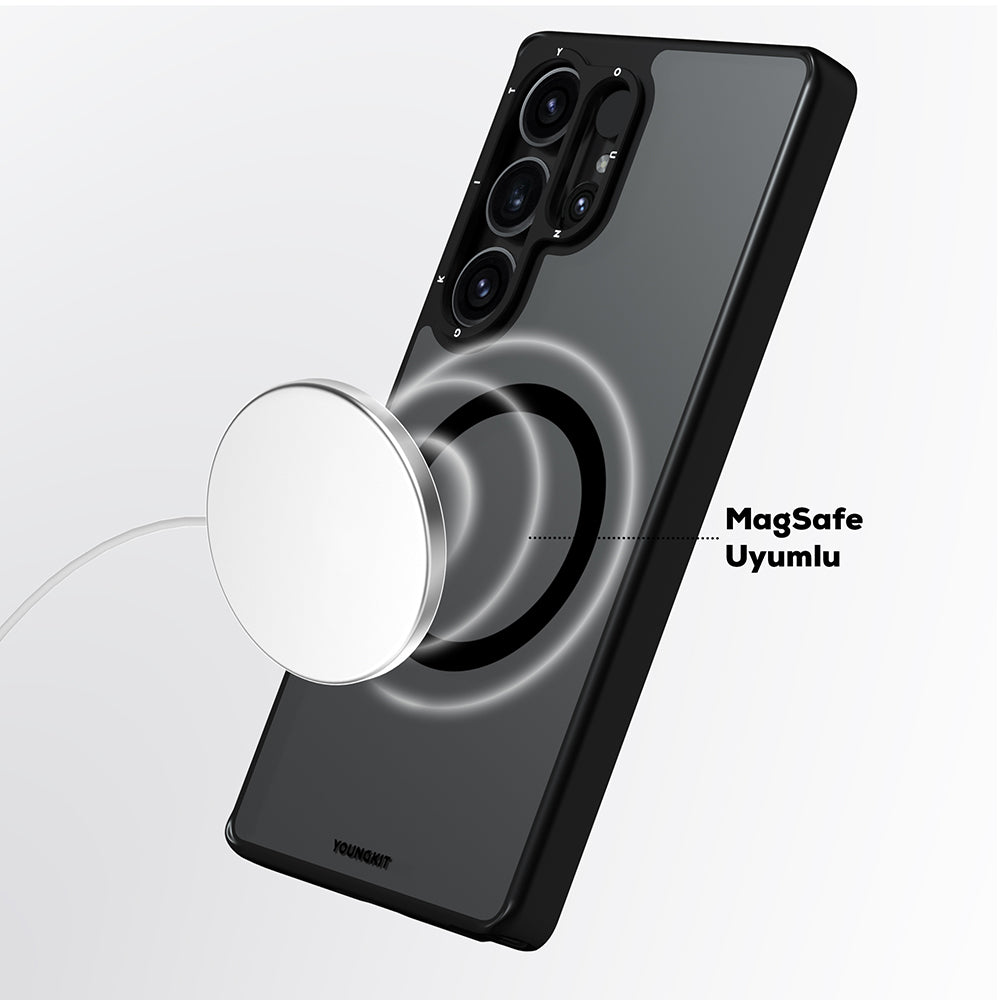 Galaxy S25 Ultra Kılıf M-safe Şarj Özellikli Cam Arka Yüzey TPU Youngkit Gemstone Serisi Kapak Şeffaf