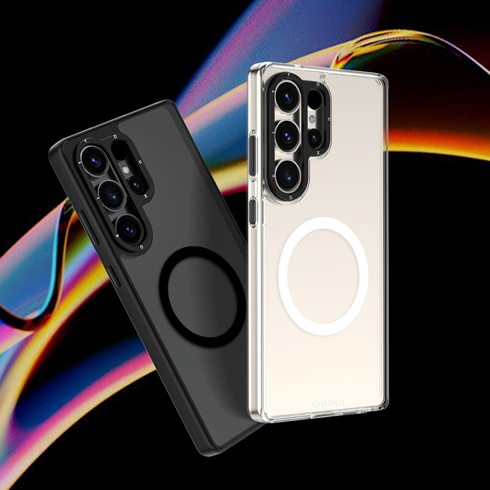 Galaxy S25 Ultra Kılıf M-safe Şarj Özellikli Cam Arka Yüzey TPU Youngkit Gemstone Serisi Kapak Siyah