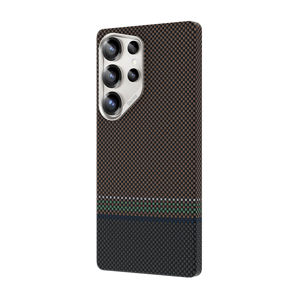 Galaxy S25 Ultra Kılıf M-safe Şarj Özellikli Karbon Fiber Tasarımlı Benks Prestige ArmorAir Kevlar Kapak Gold