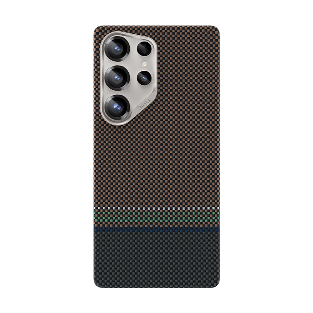 Galaxy S25 Ultra Kılıf M-safe Şarj Özellikli Karbon Fiber Tasarımlı Benks Prestige ArmorAir Kevlar Kapak Gold