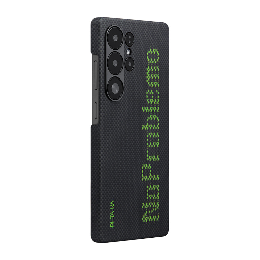 Galaxy S25 Ultra Kılıf M-safe Şarj Özellikli Lumintex Teknolojili Fosforlu Aramid Fiber Pitaka Tactile Woven Aries Serisi Kapak Siyah-Yeşil