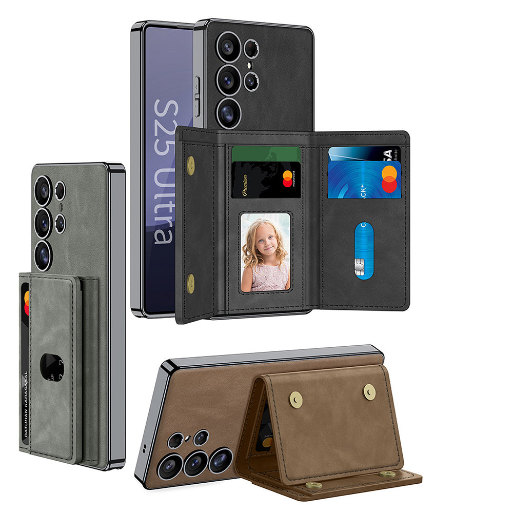Galaxy S25 Ultra Case with M-safe Charging Function, Faux Leather Design, Zore Kipta Detachable Card Holder, Black 