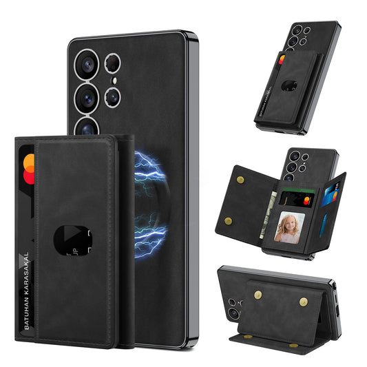 Galaxy S25 Ultra Case with M-safe Charging Function, Faux Leather Design, Zore Kipta Detachable Card Holder, Black 