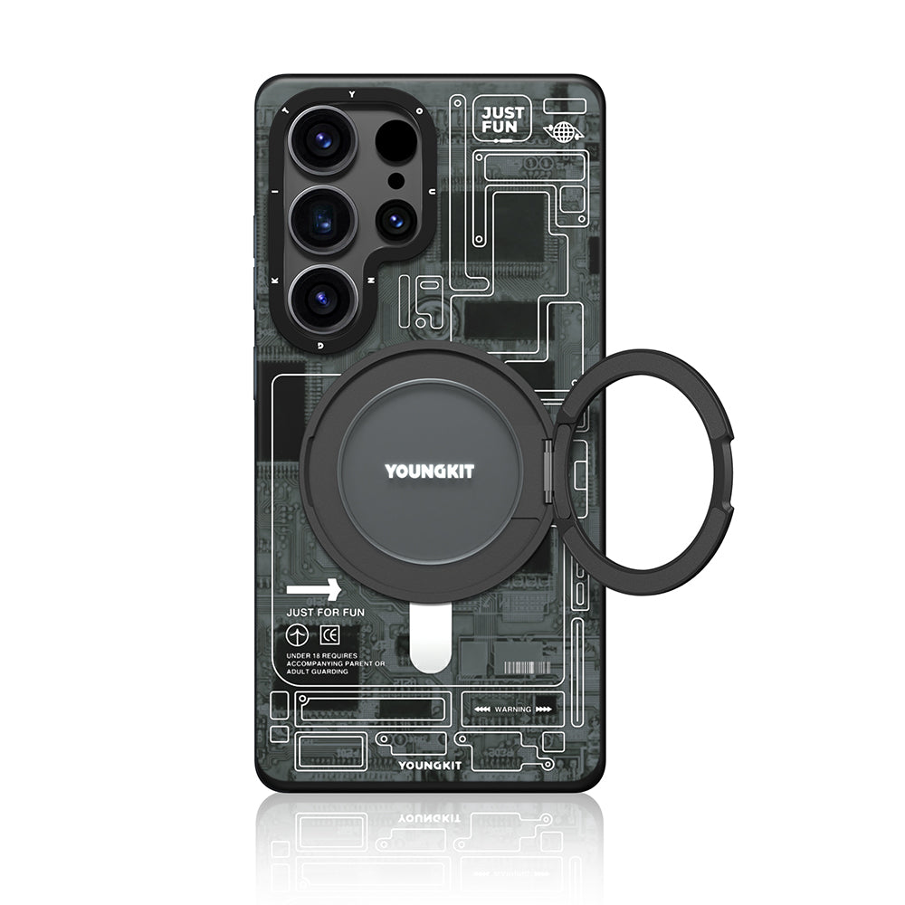 Galaxy S25 Ultra Kılıf M-safe Şarj Özellikli Youngkit 360° Standlı Technology Serisi Kapak Gri