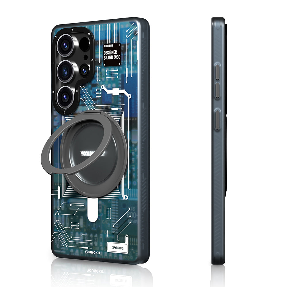 Galaxy S25 Ultra Kılıf M-safe Şarj Özellikli Youngkit 360° Standlı Technology Serisi Kapak Gri
