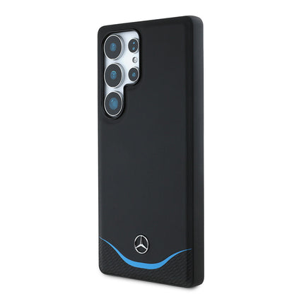 Galaxy S25 Ultra Kılıf Mercedes Benz Orjinal Lisanslı M-safe Şarj Özellikli 3D Metal Logolu Mavi Yatay Eğri Çizgili Deri Kapak Siyah