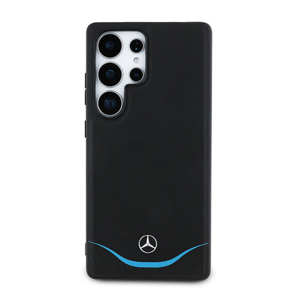Galaxy S25 Ultra Kılıf Mercedes Benz Orjinal Lisanslı M-safe Şarj Özellikli 3D Metal Logolu Mavi Yatay Eğri Çizgili Deri Kapak Siyah